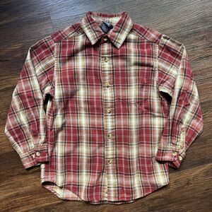 Lands’ End Boys Large Checked Plaid Button Up Shirt Red Brown L Long Sleeve